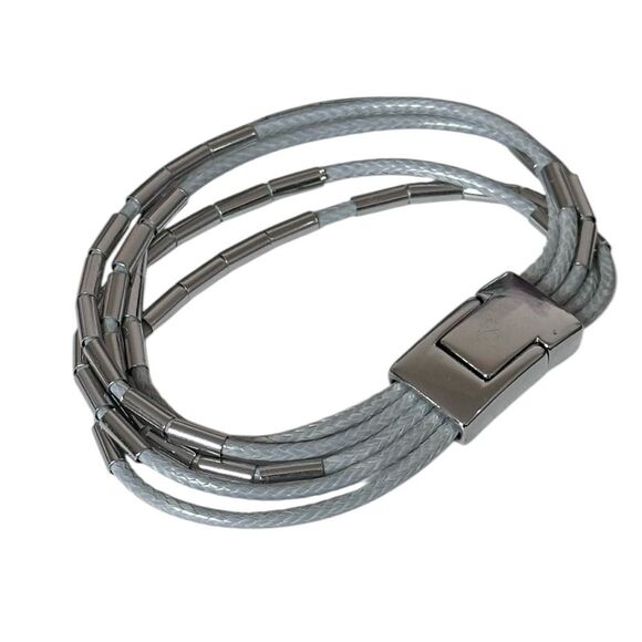 LOFT Signed Multi Strand Grey Leather Cord Bracelet Silver Bars Magnetic Clasp - Picture 1 of 9